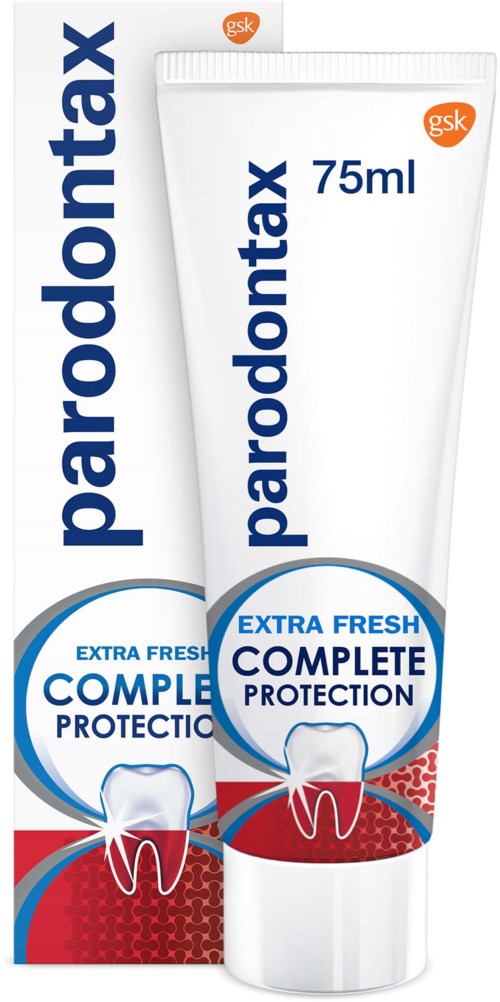 A tube and box of toothpaste labeled 'parodontax', with a focus on full protection and extra freshness.