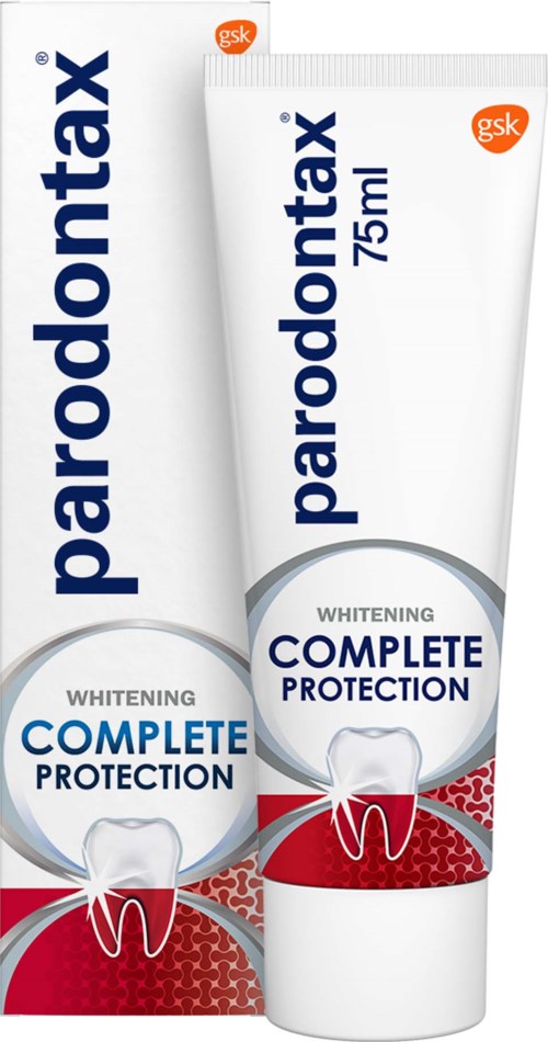 A tube of Parodontax whitening toothpaste with 75ml, showing the brand name and protective dental imagery.