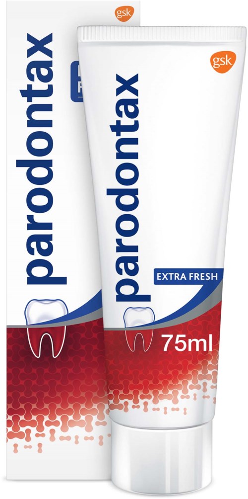 A tube and box of Parodontax toothpaste, labeled 'Extra Fresh' and '75ml'.
