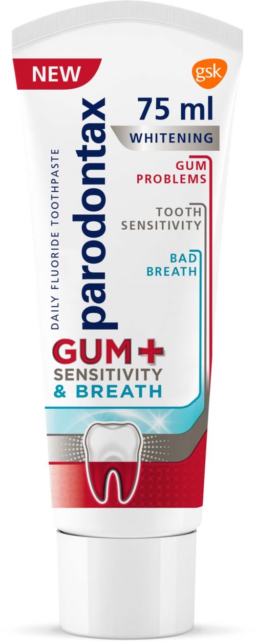A white tube of toothpaste with red and blue accents, labeled for gum problems, sensitivity, and bad breath, 75 ml.