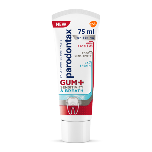 Toothpaste tube labeled Parodontax GUM+ for sensitivity and fresh breath, 75 ml size, with whitening and gum health benefits.