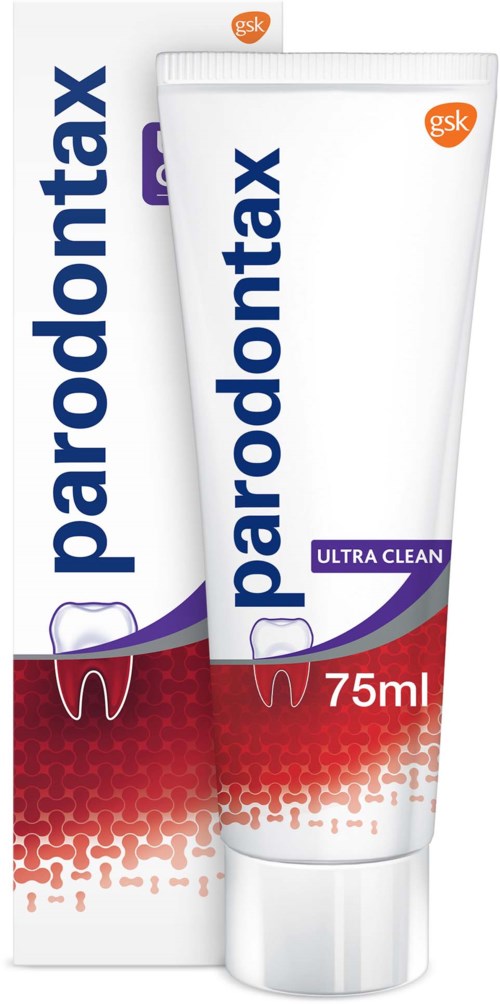 A tube of Parodontax toothpaste labeled 'Ultra Clean' with a box beside it, both showing a red and purple design.