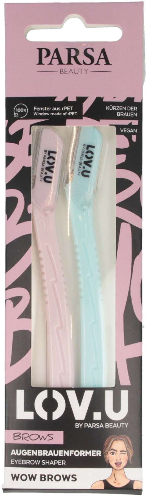 Eine Box enthält zwei Augenbrauenformer, einen rosa und einen hellblauen, mit dem Markennamen LOV.U und Parса Beauty.