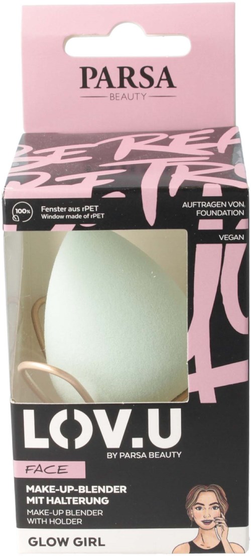 Ein Make-up-Schwamm in pink und schwarzer Verpackung mit Fenster. Marke ist Parsa Beauty, LOV.U face.