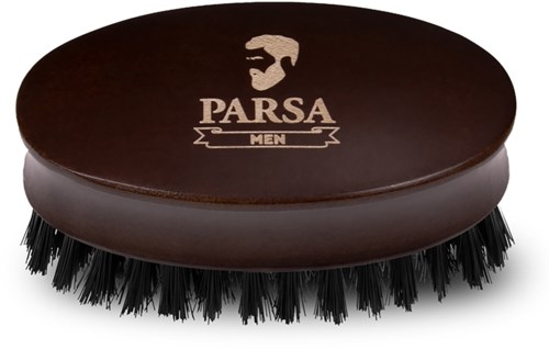 A men's grooming brush with a black oval top, logo, and black bristles around the edge.