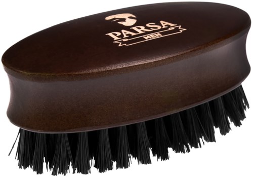 A black and brown shoe brush with a rubber oval top and black bristles.