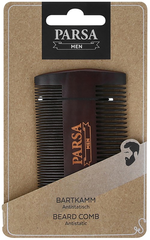 A black beard comb with the brand name 'PARSA MEN' on the handle, in packaging with text and a beard illustration.