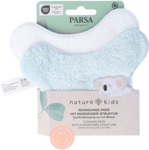 Zwei weiche ReinigungsPads, weiß und hellblau, mit Koala-Illustration, in Verpackung.