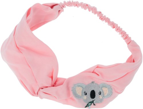 Weiches rosa Stoff-Stirnband mit gesticktem grauen Koalagesicht und einem kleinen Blatt im Mund.