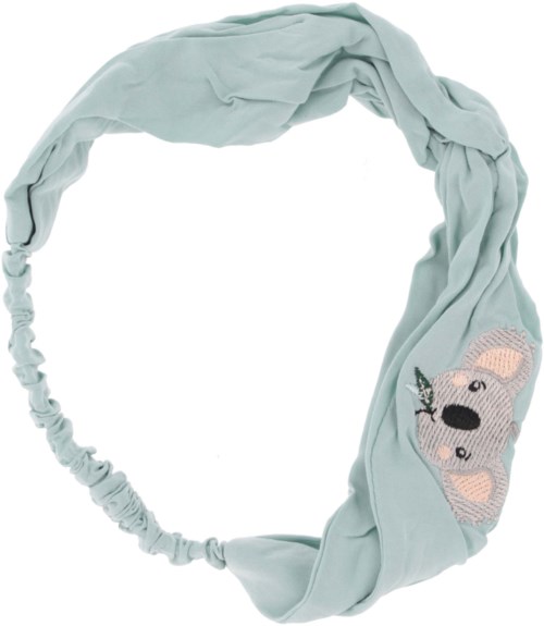 A light blue fabric headband with a koala face embroidery, twisted and gathered at one side.