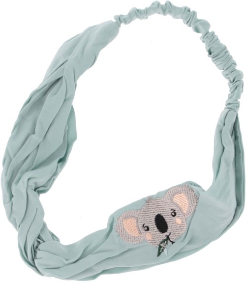 A light blue fabric headband with a cute koala face embroidery and a gathered elastic edge.