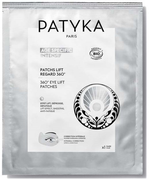 Hautpflegeprodukt namens Patyka Paris, Augen- und Gesichts-Pads zum Anheben und Anti-Aging, in silberner Verpackung.