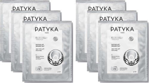 Sex paket av Patyka ansiktsmasker, staplade i två grupper, med vit och svart text och logga.