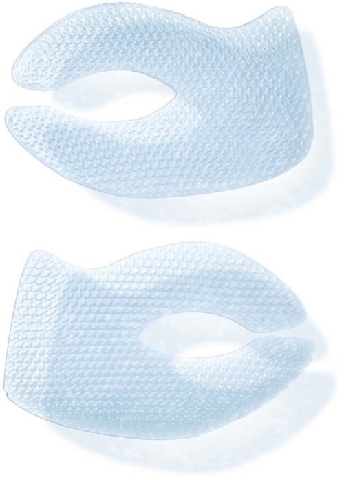 Två transparenta, texturerade silikonlappar formade som läppar för hudvård eller kosmetiska ändamål.