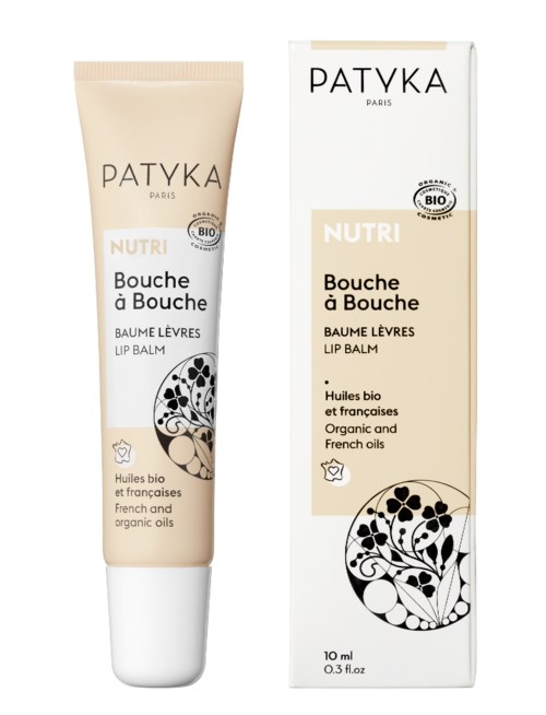 Tube und Schachtel von Patyka Nutri Lippenbalsam, beiges und schwarzes Design, erwähnt Bio- französische Öle, 10 ml.