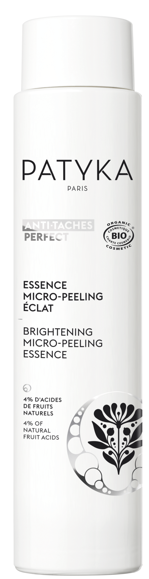 Eine weiße Flasche von Patyka Paris Mikro-Peeling aufhellende Essenz mit Schwarz-Weiß-Blumenmuster und Text.