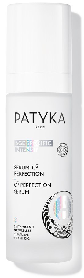 Eine weiße Flasche mit Patyka Hautserum mit Text und dekorativem Element auf dem Etikett.