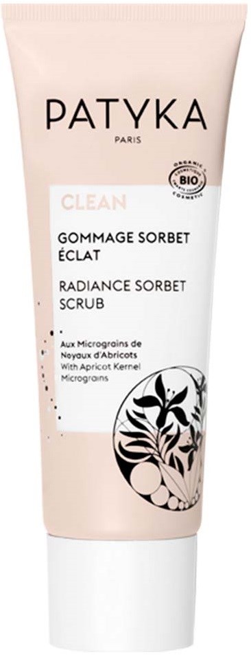 Eine rosa Tube mit schwarz-weißer Beschriftung als Patyka's Radiance Sorbet Scrub für strahlende Haut.
