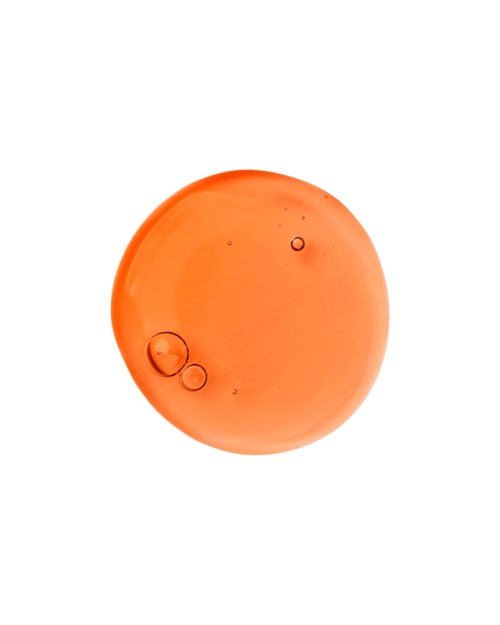 Eine große orange Kugel mit Blasen darin vor weißem Hintergrund.