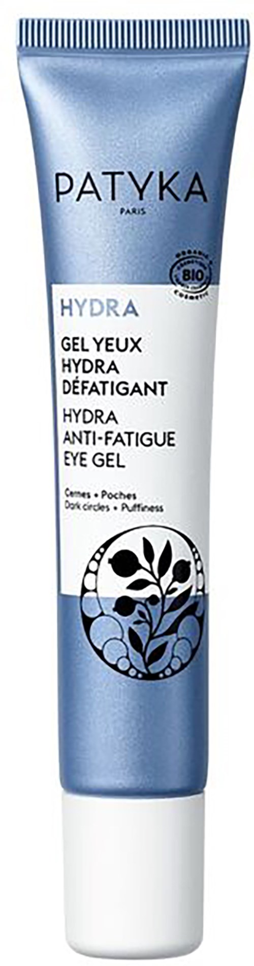 Blau-weiße Tube von Patyka Hydra Augen Gel gegen Schwellungen und Müdigkeit.