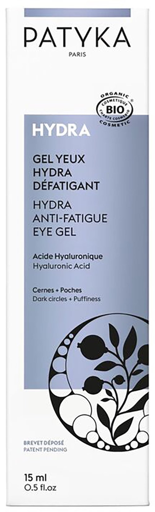 Eine Schachtel Patyka Hydra Augen Gel mit schickem weißen und blauen Design, botanische Illustrationen und Produktinformation.