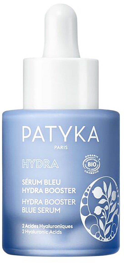 Blaues Serumflasche mit weißer Pipette, mit Patyka Hydra beschrieben, Hyaluronsäure und Biozertifizierung.
