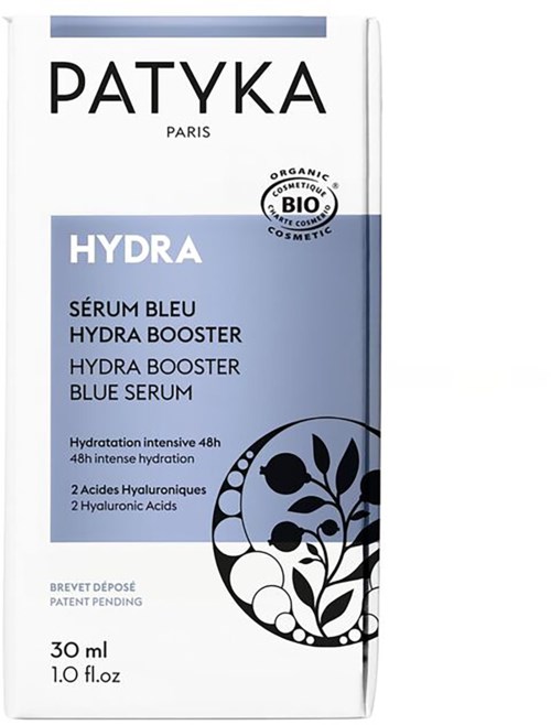 Eine weiße und blaue Hautpflegeverpackung mit dem Wort Hydra und einer Blattzeichnung, was auf ein feuchtigkeitsspendendes Serum hinweist.