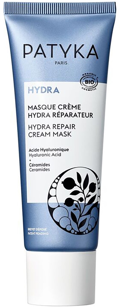 Blaue Tube mit Patyka Hydra Reparatur Gesichtsmaske mit schwarzem Blattdessign und Produktdetails.
