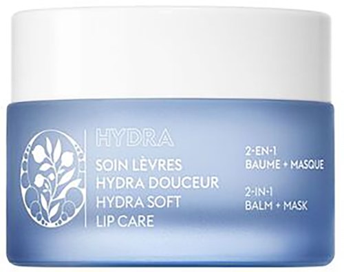 Ein blauer Behälter mit Hydra Lippenpflege, weißer Deckel, als Balm und Maske für weiche Lippen.
