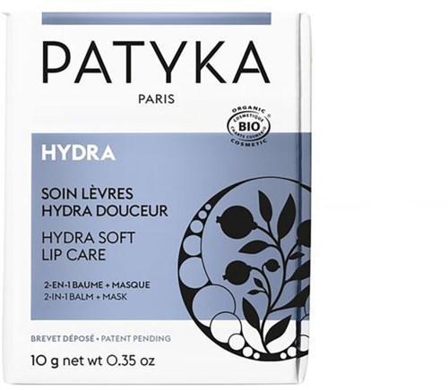 Lippenbalsam und Maske in blauer und weißer Verpackung, mit Pflanzenzeichnung und Text über Feuchtigkeit und Weichheit.