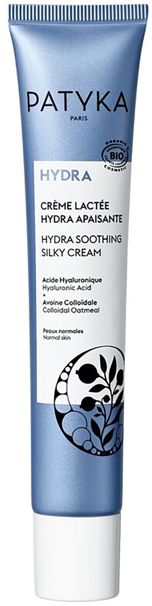 Blauer Tube mit Patyka Hydra beruhigende seidige Creme, enthält Hyaluronsäure und Haferextrakt.