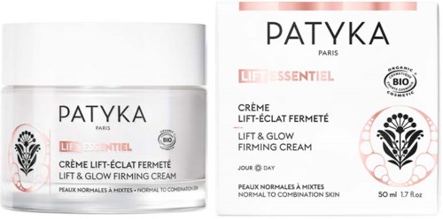 Ein Glas und eine Schachtel mit Patyka Lift & Glow Festigende Creme für normale bis Mischhaut. Sie ist biologisch und feuchtigkeitsspendend.