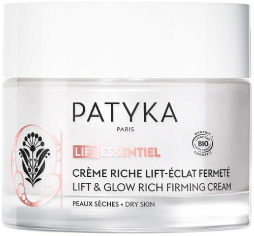 Ein Glas mit Patyka Lift and Glow reichhaltiger straffender Creme für trockene Haut, mit Bio-Zertifizierung, in einem klaren Behälter.