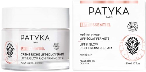 Eine Box und ein Glas Patyka Lift & Glow festigende Creme für trockene Haut, bio und organisch, in weißer und schwarzer Verpackung.