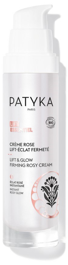 Eine weiße Flasche mit Pumpe, gekennzeichnet Patyka, enthält festigende Rosé-Creme für straffende und strahlende Haut.