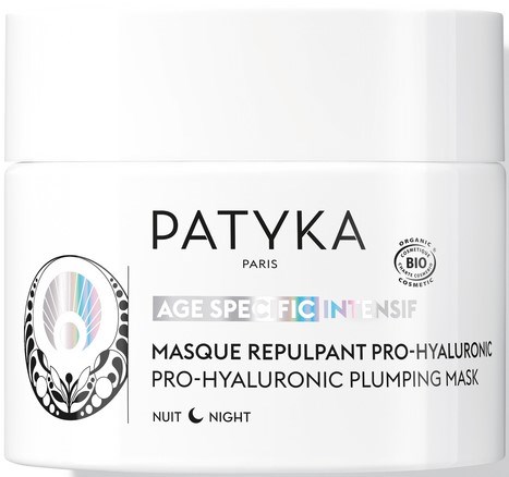 Hautpflege-Behälter mit "Patyka" und Details zu einer Hyaluronsäure-Pflege für die Nacht.