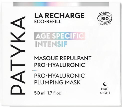 Das Produkt ist eine Hyaluronsäure aufpolsternde Maske für die Nacht, mit Schwerpunkt auf alterspezifische, intensive Hautpflege, in umweltfreundlicher Verpackung.