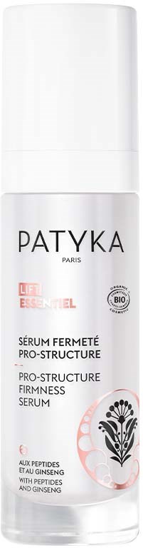Eine weiße Flasche mit dem Label PATYKA, als Festigkeit Serum gekennzeichnet, mit Ginseng und Ginsengextrakt.