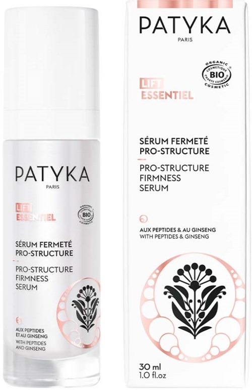 Eine weiße Flasche und eine Verpackung für ein straffendes Serum, das Peptide und Ginseng enthält und biologisch ist.