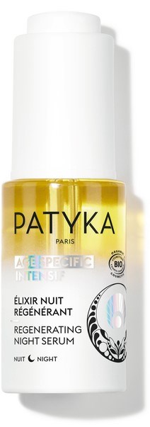 Eine weiße Flasche mit einem gelben Etikett, auf dem steht Patyka Paris, es ist ein regenerierendes Nachtserum.