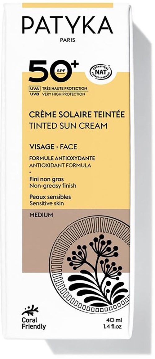 Patyka Paris färgad solkräm med SPF 50, för känslig hud, 40 ml flaska.