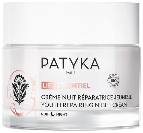 Ein Glas mit Patyka Youth Repairing Night Cream, als biologisch zertifiziert und für die Nacht geeignet.