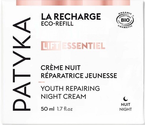 Eine Hautpflegeproduktbox für jugendliche reparierende Nachtcreme, Bio-Nachfüllung, 50 ml, mit schwarzen, rosa und weißen Text.