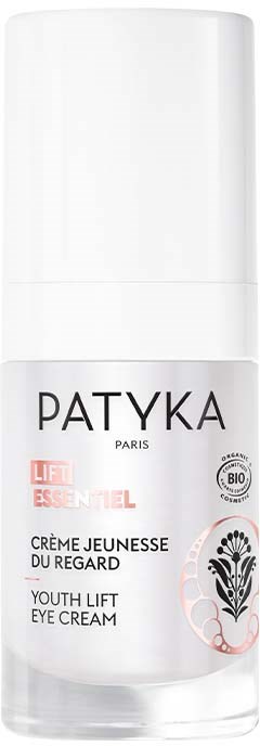 Eine weiße Flasche Patyka Youth Lift Eye Cream mit schwarzem und pinkem Text und Logo.