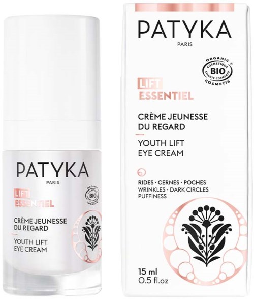 Eine weiße Flasche und Schachtel von Patyka Youth Lift Eye Cream mit schwarzem und rosa Text und einem dekorativen schwarzen und rosa Logo.