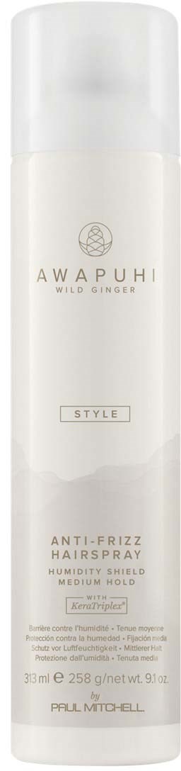En hvit sprayflaske med merkevare "AWAPUHI" og tekst om anti-frizz hårspray for middels hold.