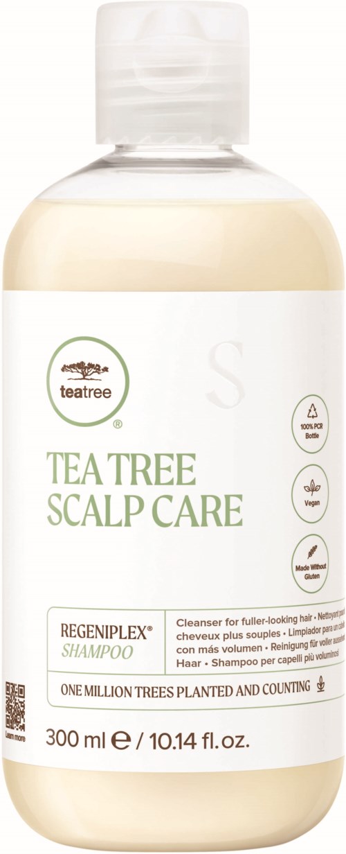 A white bottle labeled "Tea Tree Scalp Care" shampoo, with green text and icons, 300ml size.