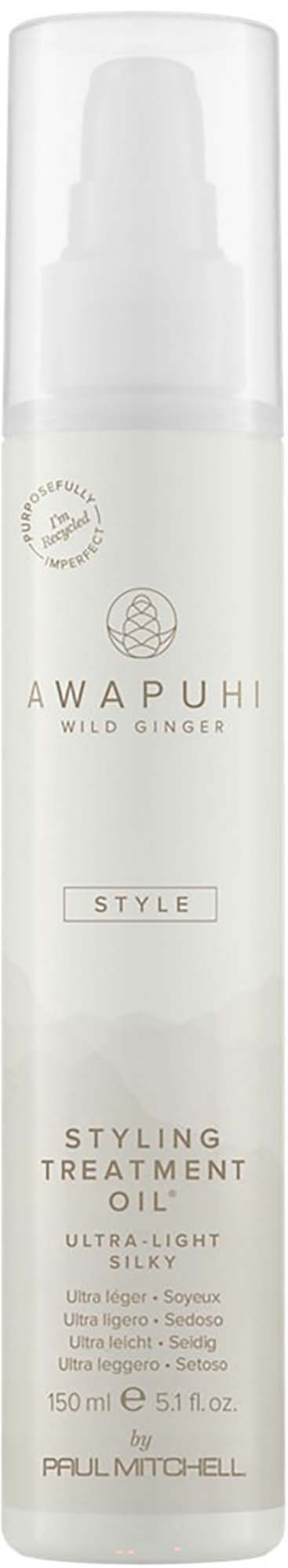 A white bottle with a pump, labeled Awapuhi Wild Ginger styling treatment oil, small size, and light design.