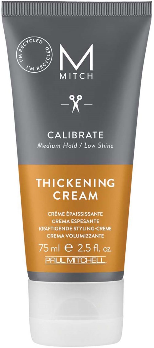 Tube met verdikkende crème in grijze en oranje verpakking, met 'Mitch Calibrate Thickening Cream' voor medium hold en lage glans.
