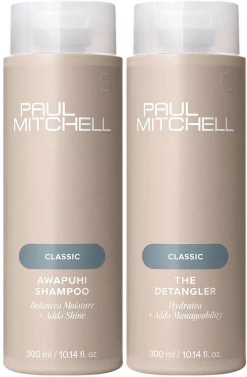 Two beige bottles with white caps, labeled as Paul Mitchell, for shampoo and detangler. Simple design, 300 ml each.